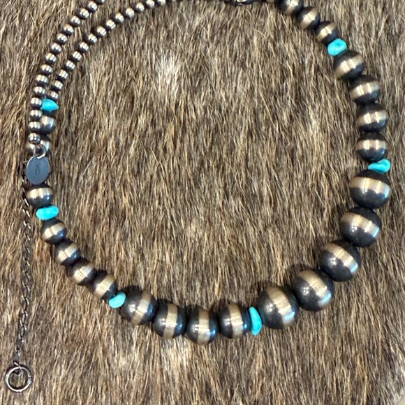 Kingman turquoise & graduated pearl choker - Picture 2 of 4